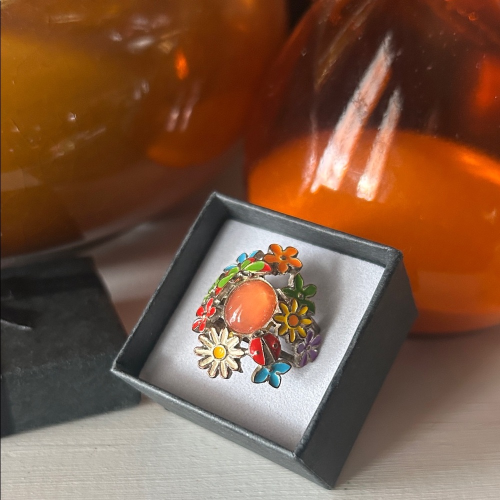 Vintage Enamel Floral Ladybug Butterfly Ring